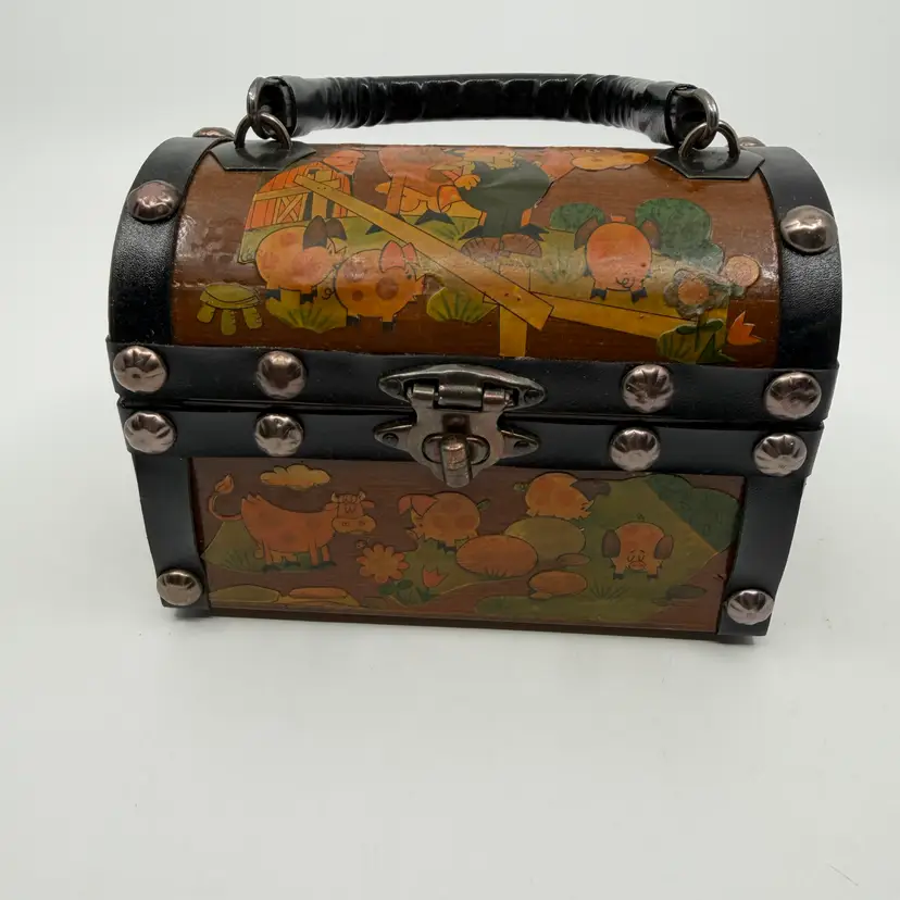 Vintage Wood Decoupage Pig Farm Scene Treasure Chest Box Purse Leather & Studded
