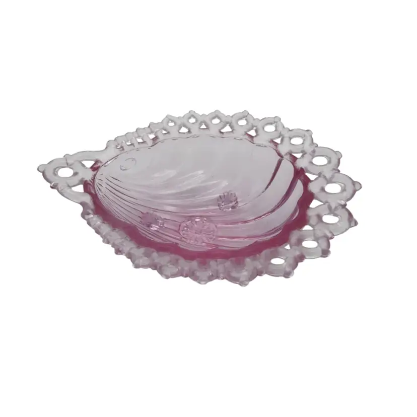 Don Fenton 2000 Etched Signature - 95th Anniversary Collector’s Edition - Pink Glass Shell 3-Footed Dish 6” L x 2.35” H