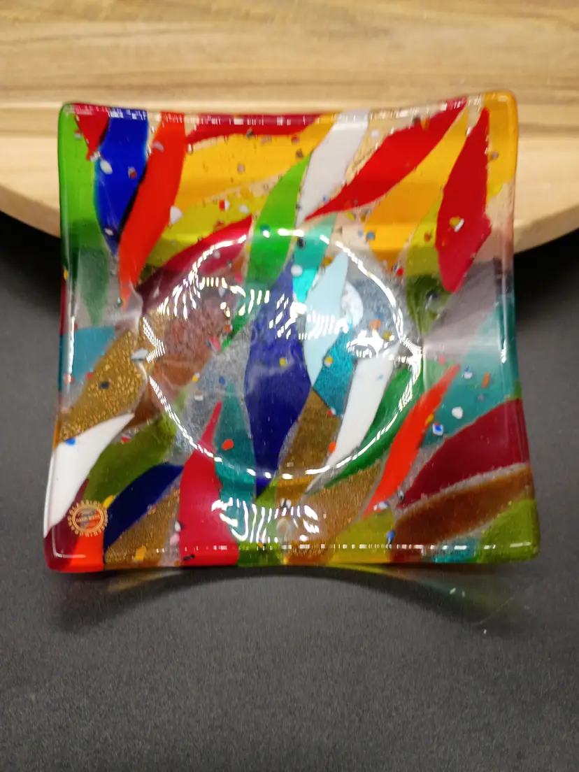 Murano Art Glass Colorful Fused Glass Square Trinket Dish.