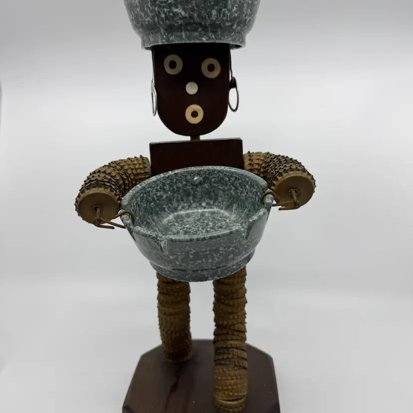 Midcentury Folk Tramp Art Bottlecap Man Ashtray Holder 14” 1950's