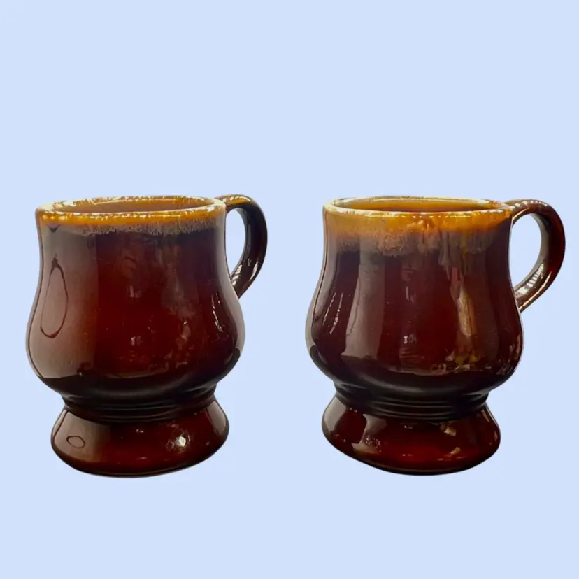 #430- Vintage McCoy Pottery Mug Pair Brown Drip Glaze Melon Shape On Flared Pedestal 
Style #7025   1970s