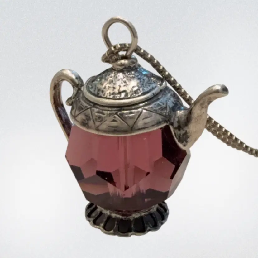 Vintage Sterling Silver Amethyst Faceted Crystal Tea Pot Necklace 21” Italian Sterling Box Chain