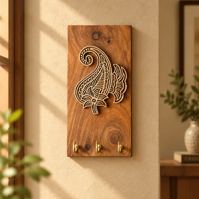 Wood Key Hook Wall Hanging Block w/ Leaf Motif, 8" x 4"