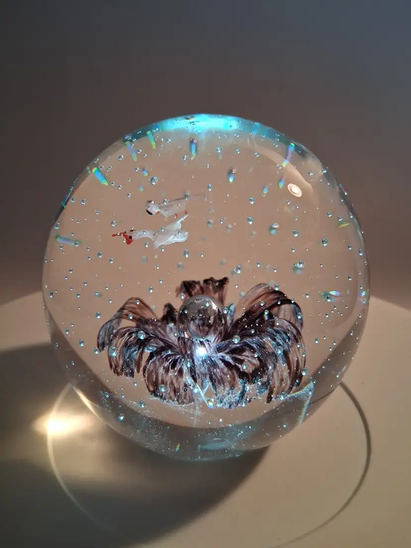 Vintage Art Glass Magnum Size Bullicante Paperweight, 2 Birds/Geese, Burgundy Flower