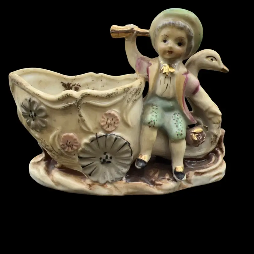 Antique Porcelain Bot With Swan Planter Japan Sticker