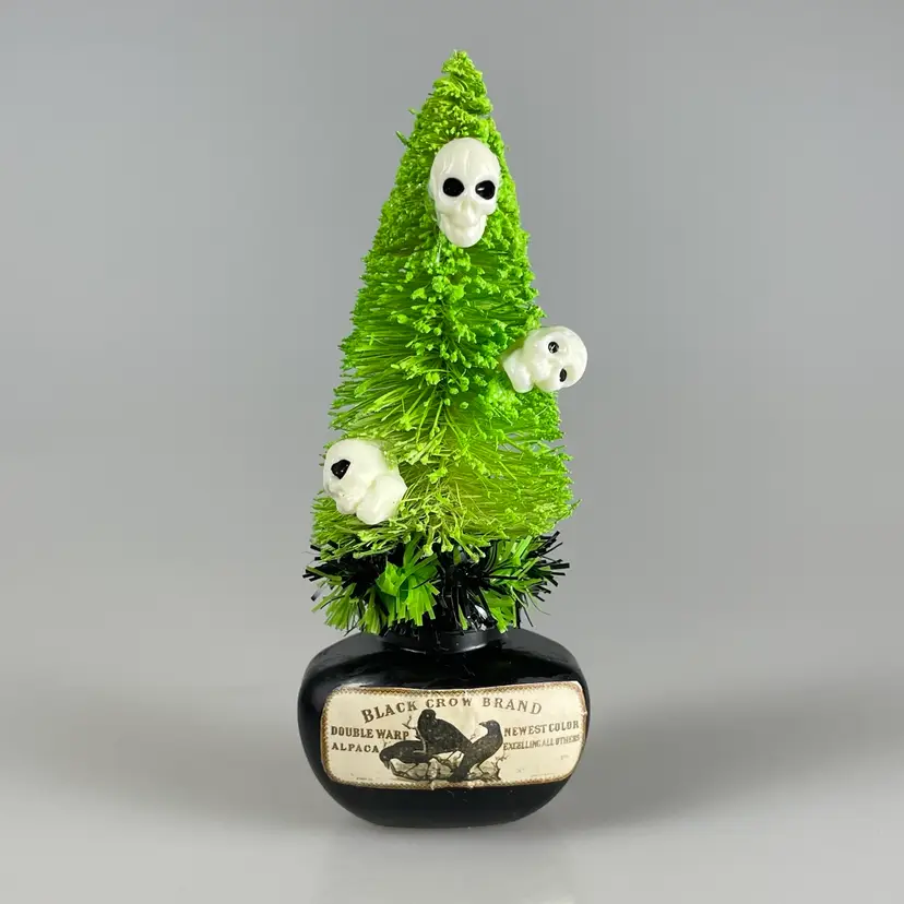 Slime Green & Skulls Halloween Bottle Brush Tree in Plastic Jar Decor
