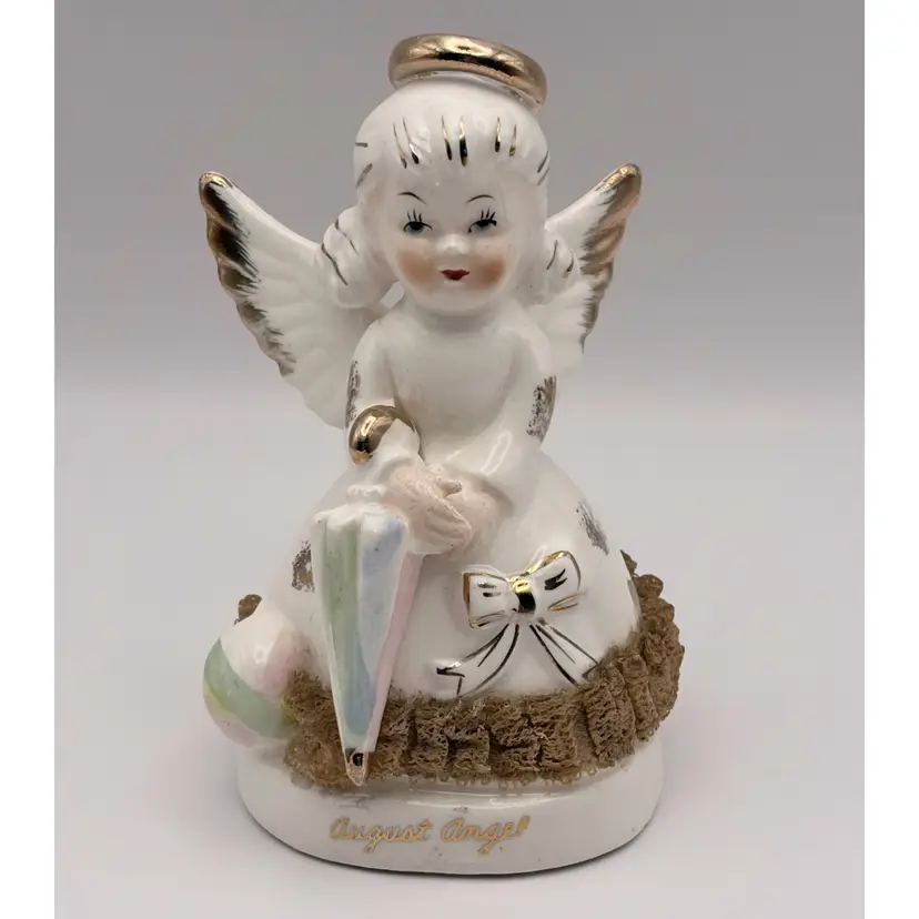 Vintage Ceramic “August Angel” with Pastel Umbrella, Beach Ball, Antique Lace Trim