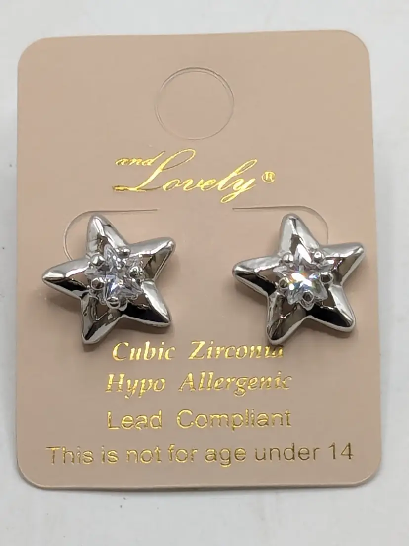 And Lovely Star-Shaped Cubic Zirconia Silver Tone Pierced Earrings NWT