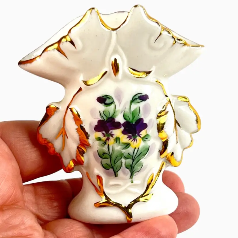 Miniature Weisley Vase with Pansy Flowers Design. Gold Trim. Marked Weisley China Hand Painted. Vintage Porcelain Knick-Knack Trinket Tchotchke.