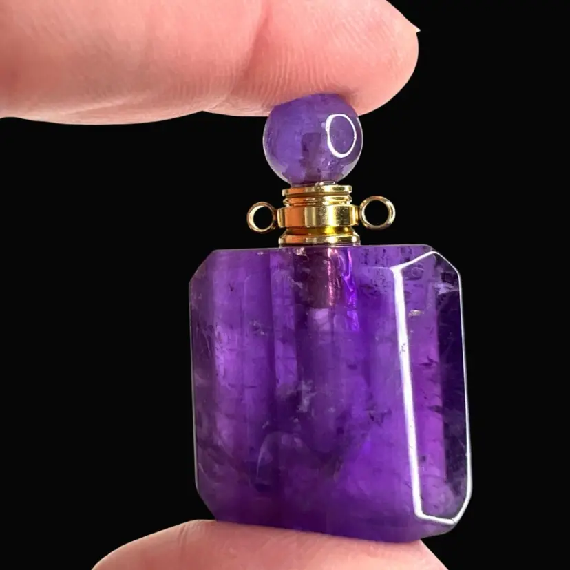 Purple Amethyst Crystal Gemstone Miniature Perfume or Essential Oil Bottle w Stopper. Comes With Refill Pipet. New, Never Used. May Be Put On Chain For Necklace.