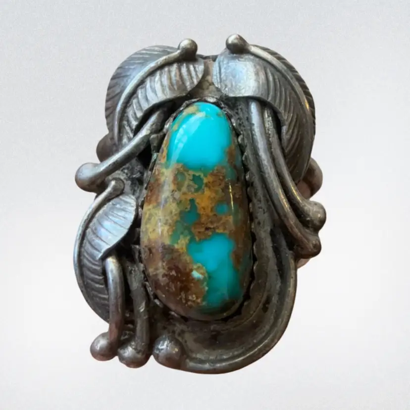 Vintage MCM NA Navajo Artist Andy Lee Kirk Signed Sterling Silver & Turquiose Ring Size 6, 6.5g