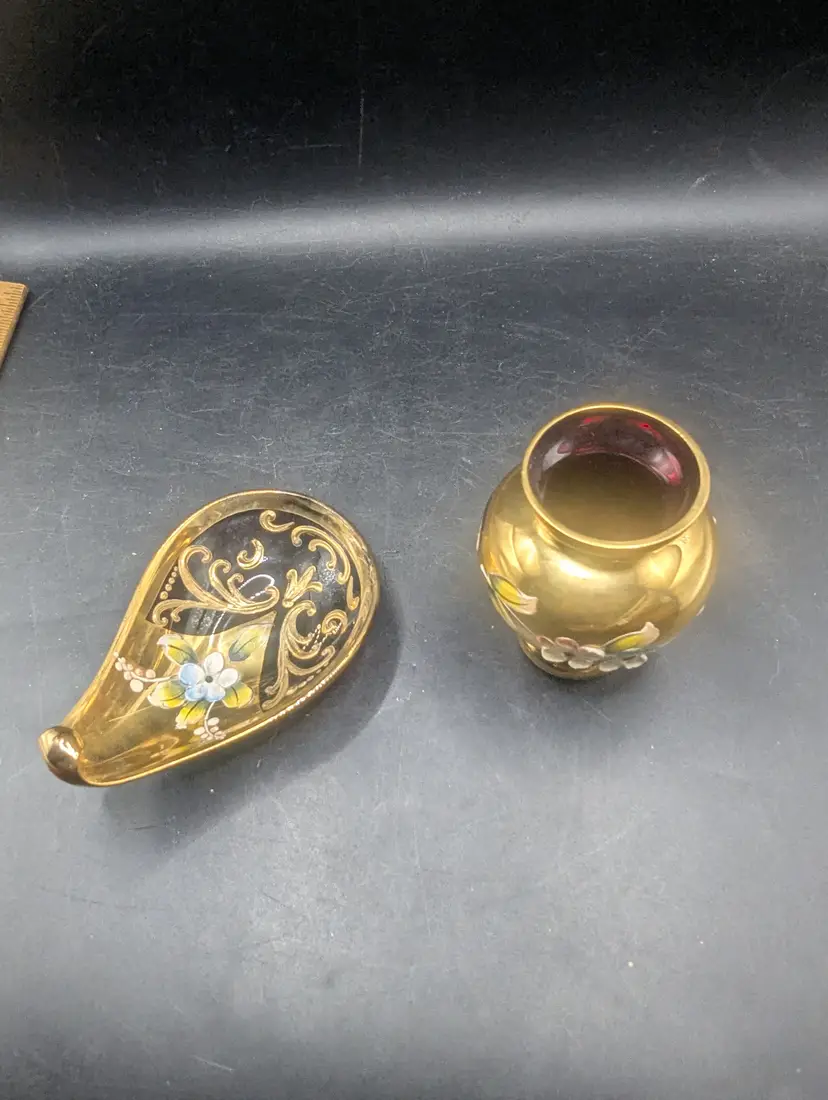 Vintage Set Of 2 Red And Gold Hand Painted Tre Fuochi Bohemian Style Trinket Dish and Small Vase.