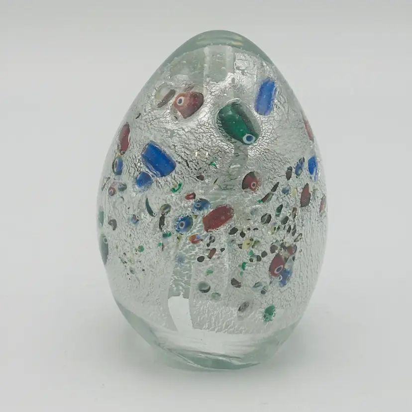 Italian Murano Art Glass Egg-Shaped Paperweight Silver Foil Multicolored Millefiori Rods with Foil Sticker