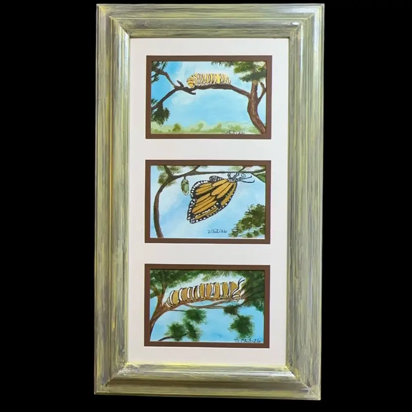 “The Monarch “ Trio Of 5”x7” Watercolor Original Framed  12”x19” With Yellow Toned Wood