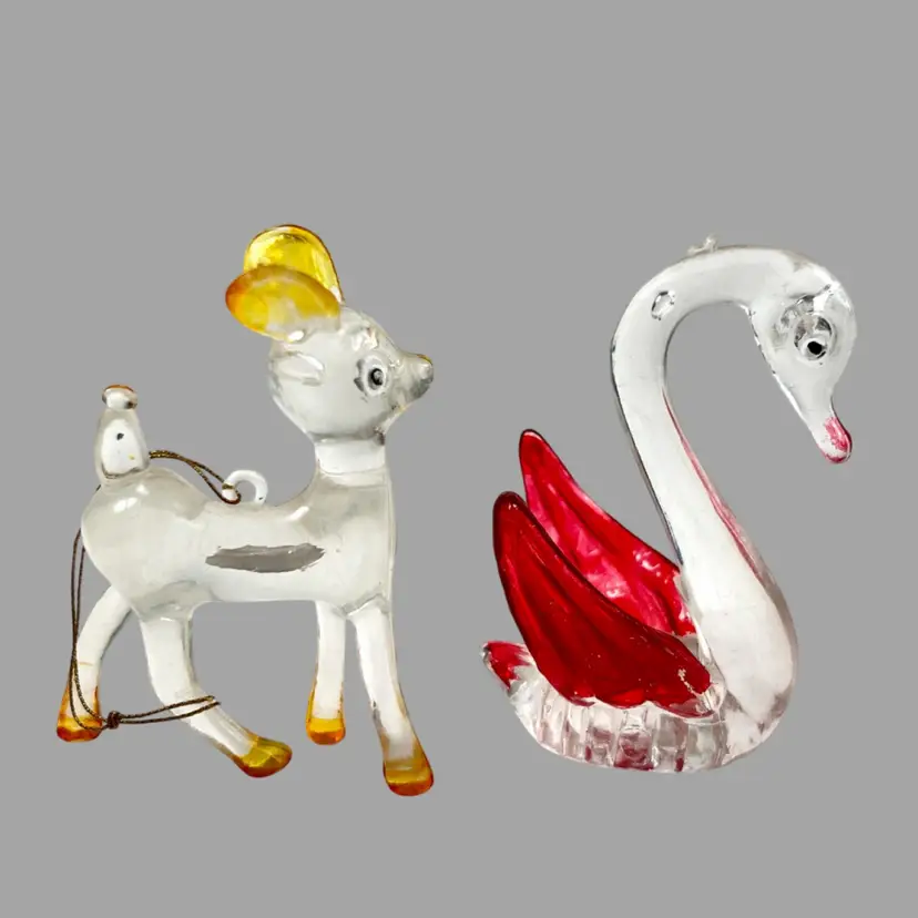 Miniature 3” Deer Ornament & Swan Plastic Figurines. Deer Has Golden Thread. Stamped “Hong Kong”. Vintage Knick-Knack Trinket Tchotchke.