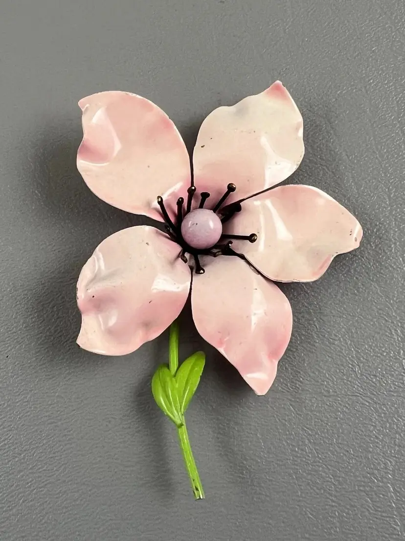 Vintage Pink Enamel Flower Brooch Pin Green Stem Floral Flower Power Jewelry