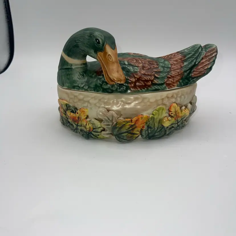 Pacific RimCeramic Mallard Duck Trinket Dish W/Lid Green Tan & Yellow or Sm. Serving Bowl
