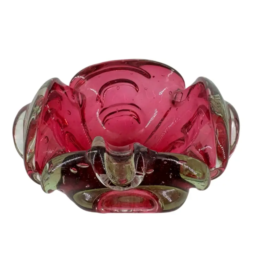 Murano Cranberry Clear Glass Ashtray Dish