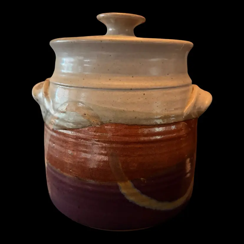 Hanselmann Pottery Mexico Lidded Crock Canister w/ Handles 9.5”x9.5” Signed