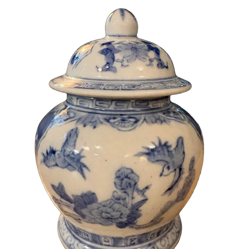 Vtg Blue White Ginger Jar w/ Lid 7" Birds Floral Greek Key Chinoiserie Porcelain