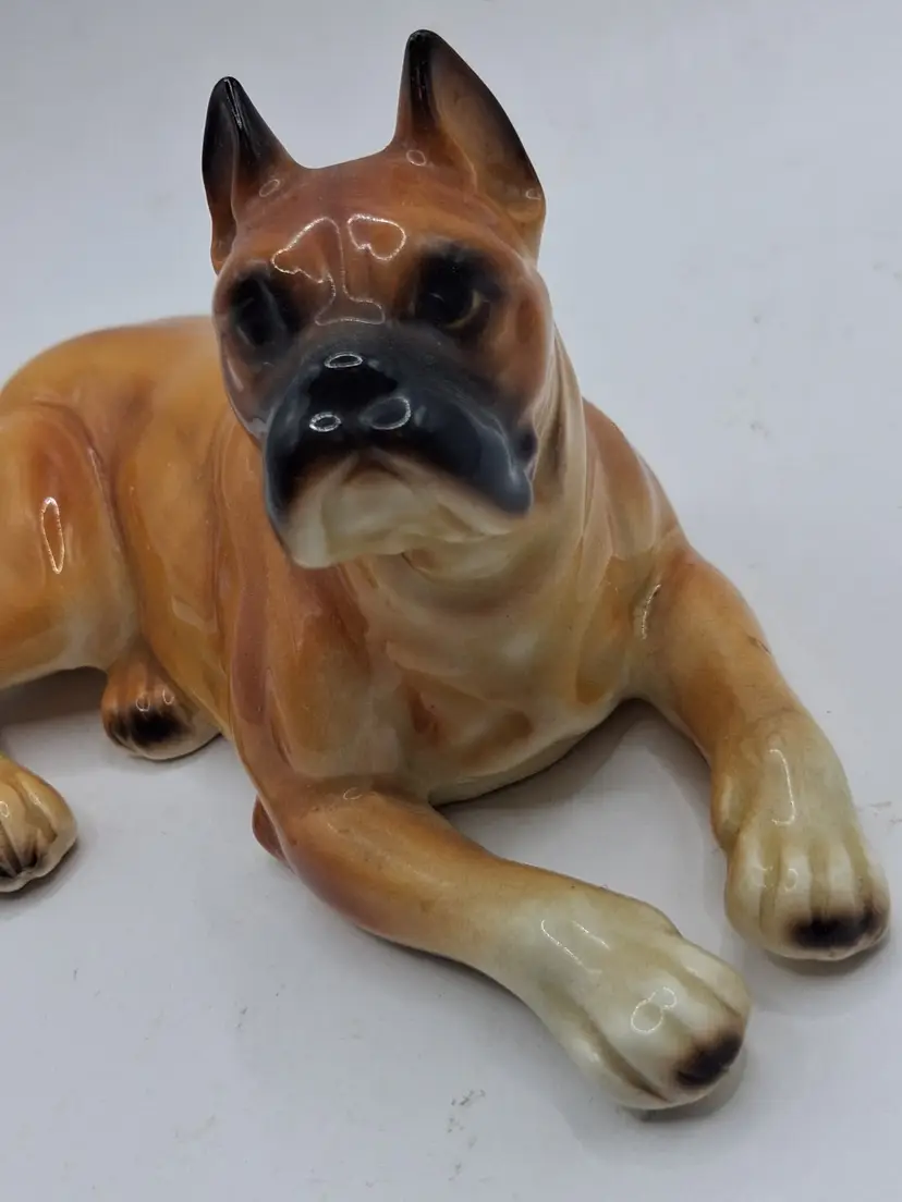 Vintage Josef Originals Ceramic Boxer Dog Reclining Figurine 6"