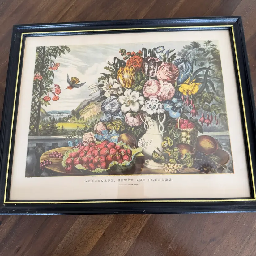 A Currier & Ives lithograph print of "Landscape, Fruit and Flowers."