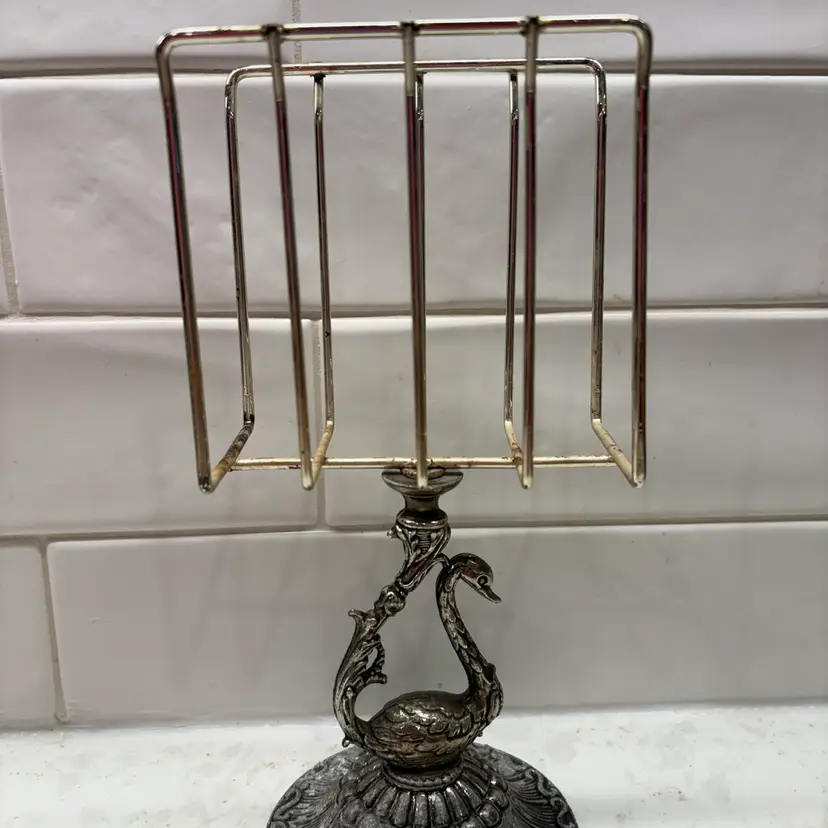 Vintage Silver Plated Swan Base Wire Napkin / Letter Holder 9" Tall Ornate Base