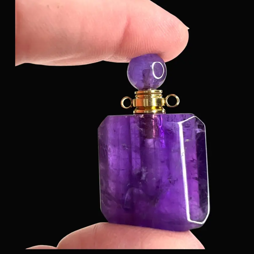 Purple Amethyst Crystal Gemstone Miniature Perfume or Essential Oil Bottle w Stopper. Comes With Refill Pipet. New, Never Used. May Be Put On Chain For Necklace.