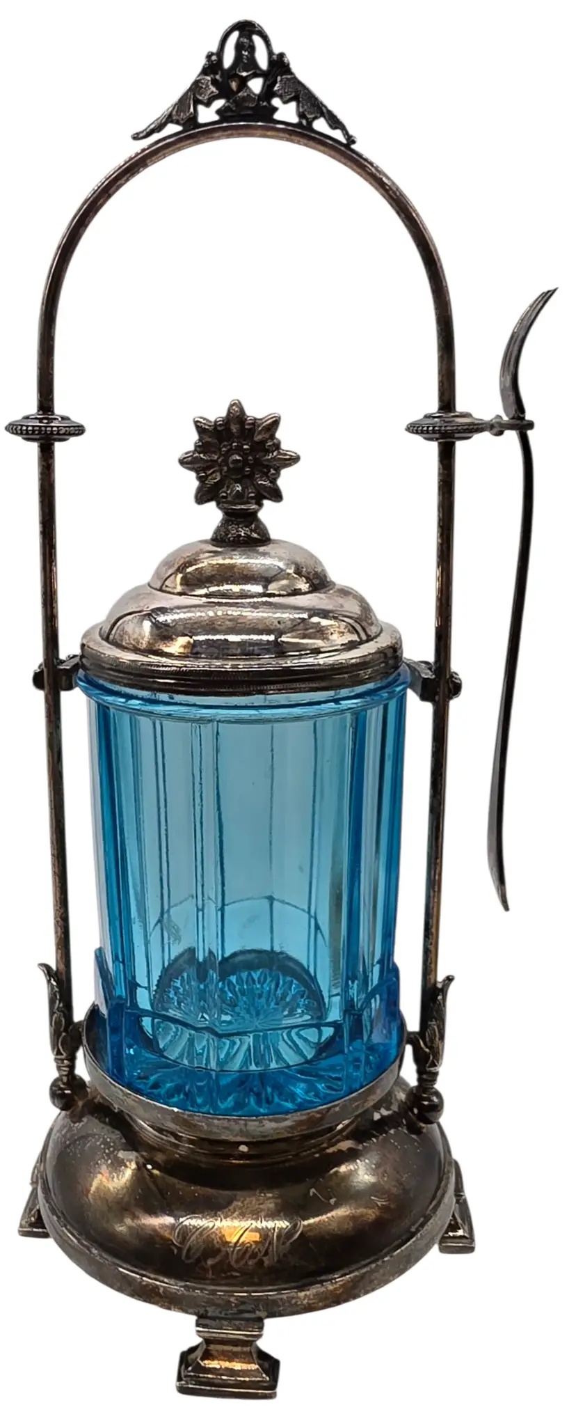 VICTORIAN CRYSTAL BLUE PANELED PICKLE CASTOR MONOGRAMMED AS IS WITH FORK