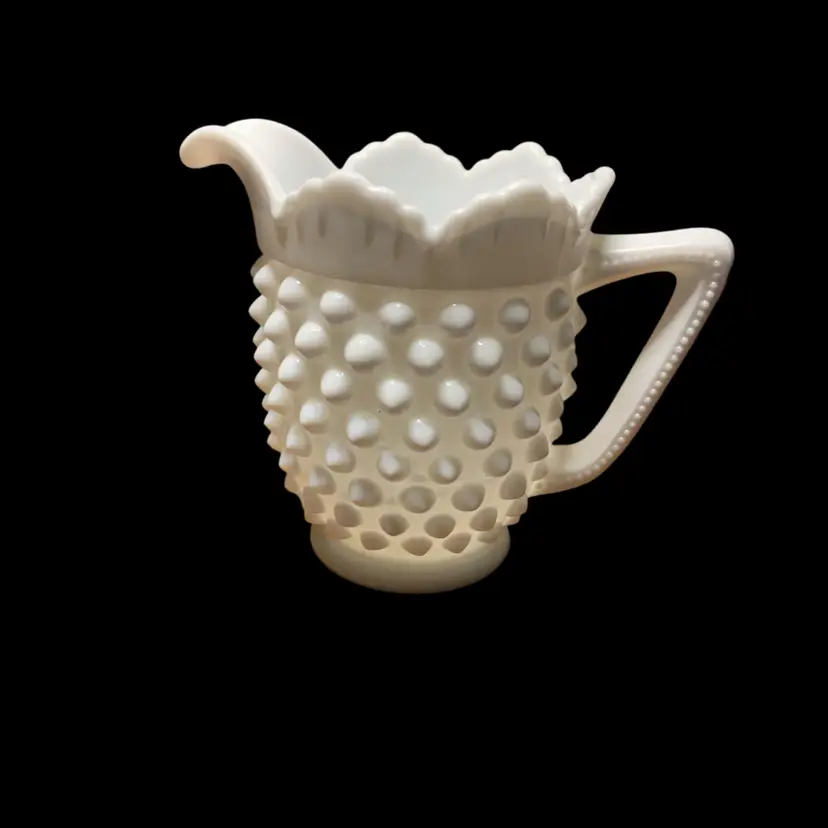 28. Vintage Fenton Hobnail Scalloped Beaded White Milk Glass Crown Top Creamer