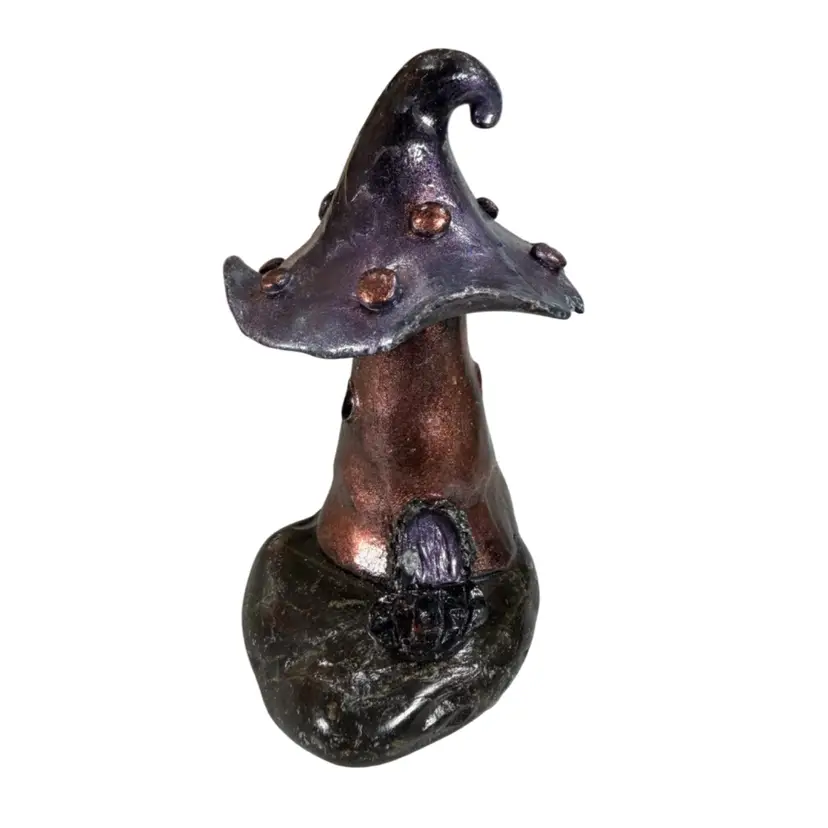 Whimsical Fairy Garden Mushroom House Figurine – Purple & Copper Miniature Cottage