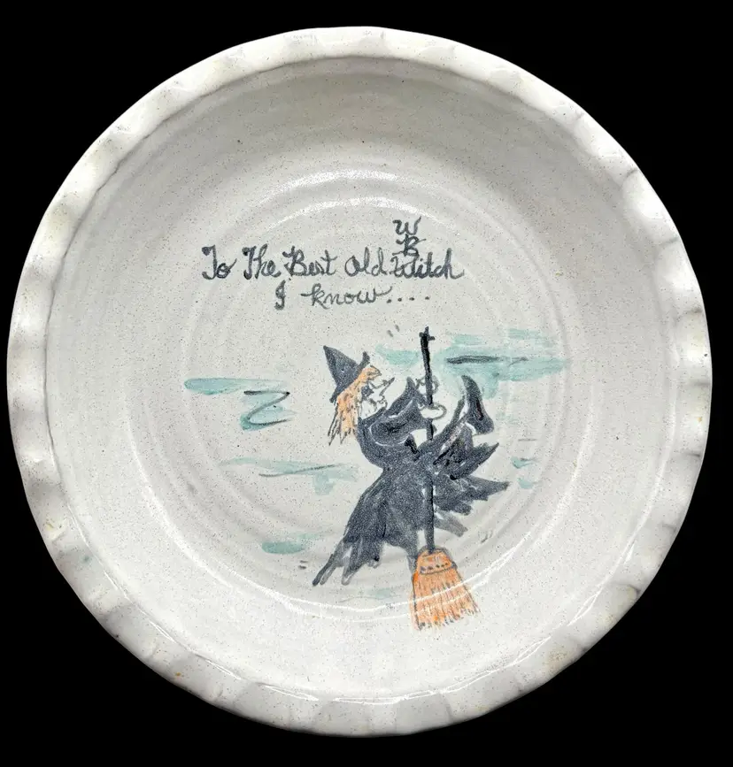 Signed Yellow Banks Greg Redware Pottery Pie Dish Plate Best Old Witch I Know