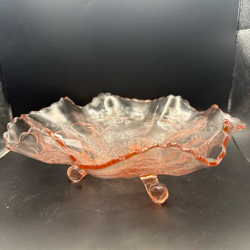 Fenton Pink "Stag and Holly" Three-Footed Bowl