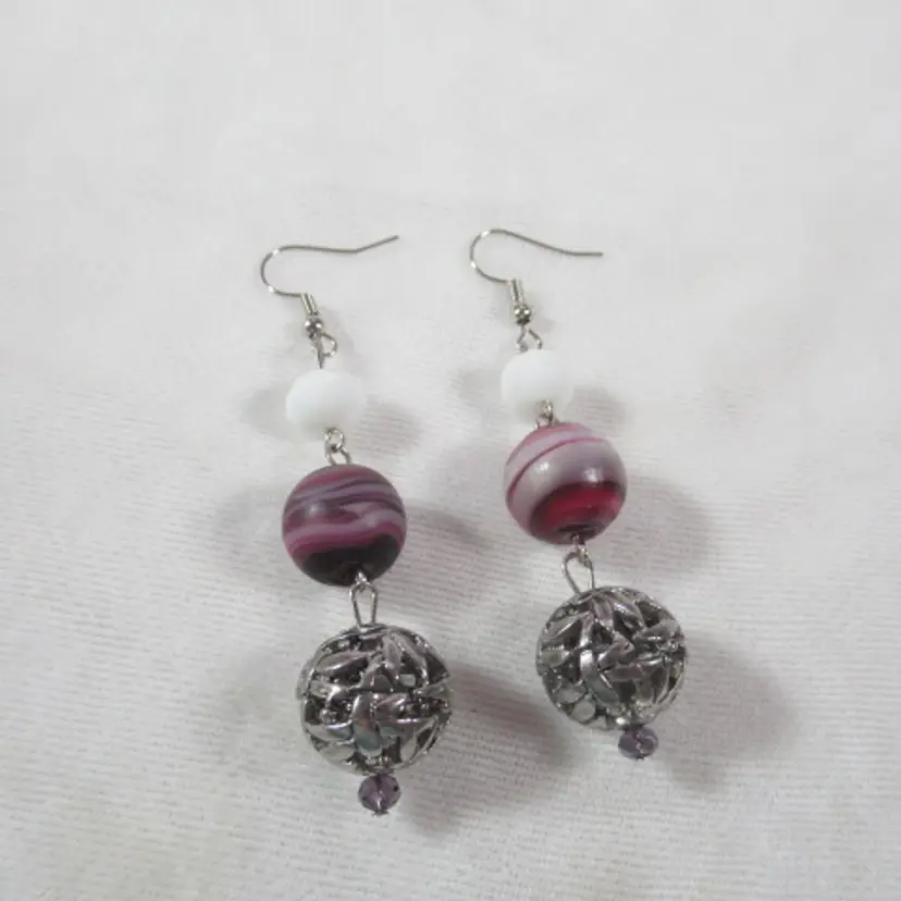 Dragonfly Filigree beaded Earrings with purple Swirl Beads , handmade