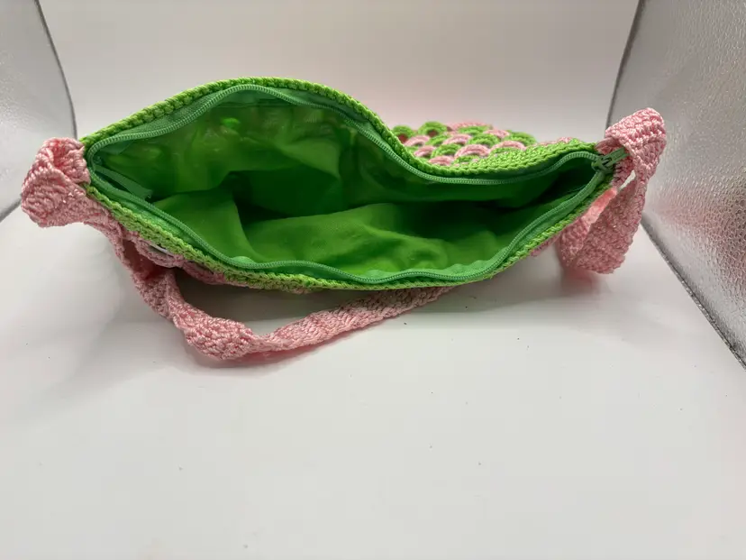 Handmade Pink & Green Crochet Handbag Soda Can Tops