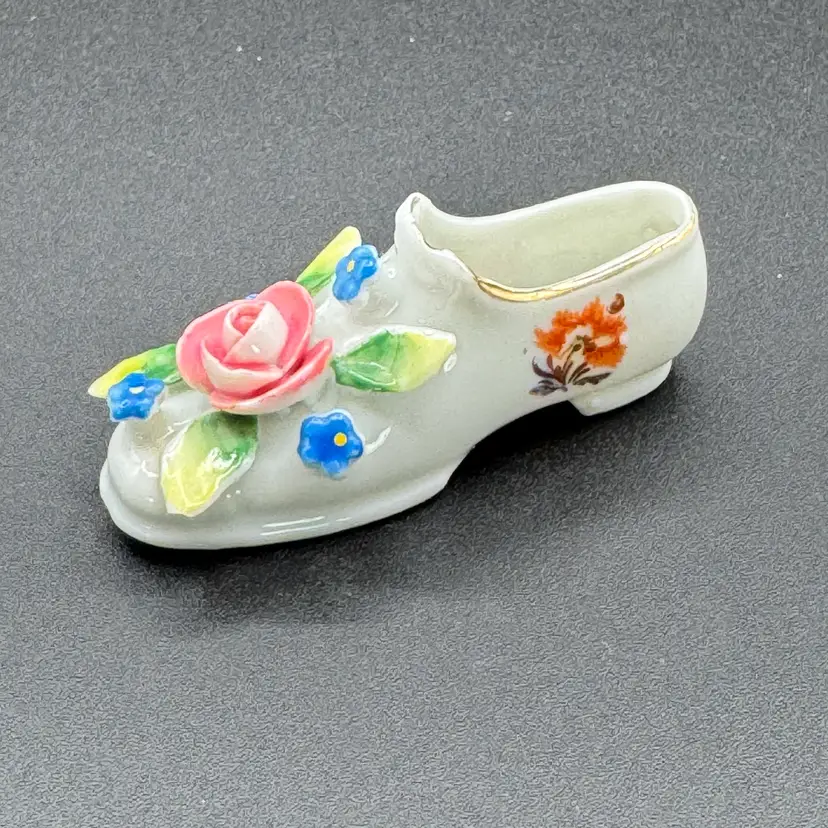 Vintage Miniature Porcelain Slipper Shoe Figurine Applied Pink Rose Forget-Me-Nots Japan