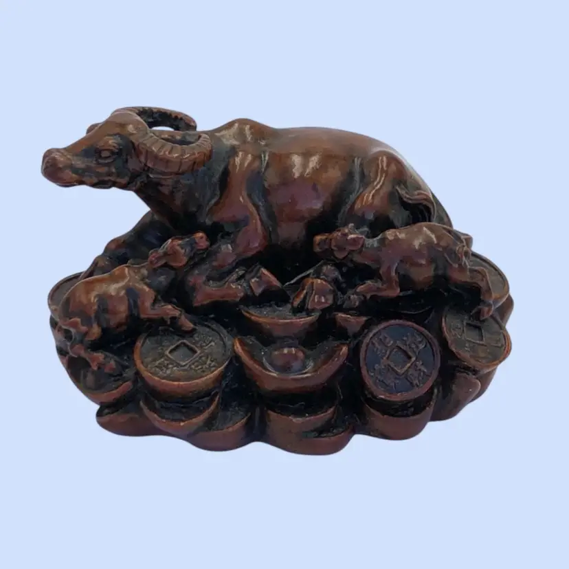 #435- Vintage Ox & Calf Figurine Chinese Zodiac Coins Luck Feng Shui