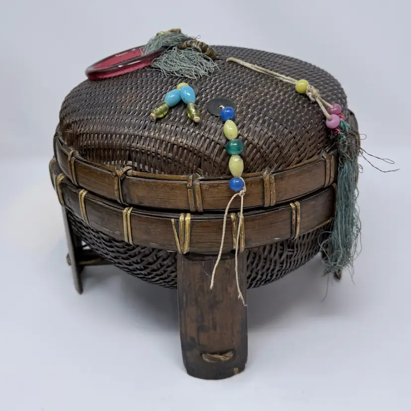 Vintage Chinese Woven Wicker And Bamboo Sewing Basket