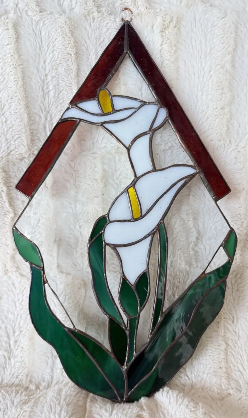 Stained Glass Calla Lily Suncatcher Panel, ~12.5 x 7.5–8.5 in