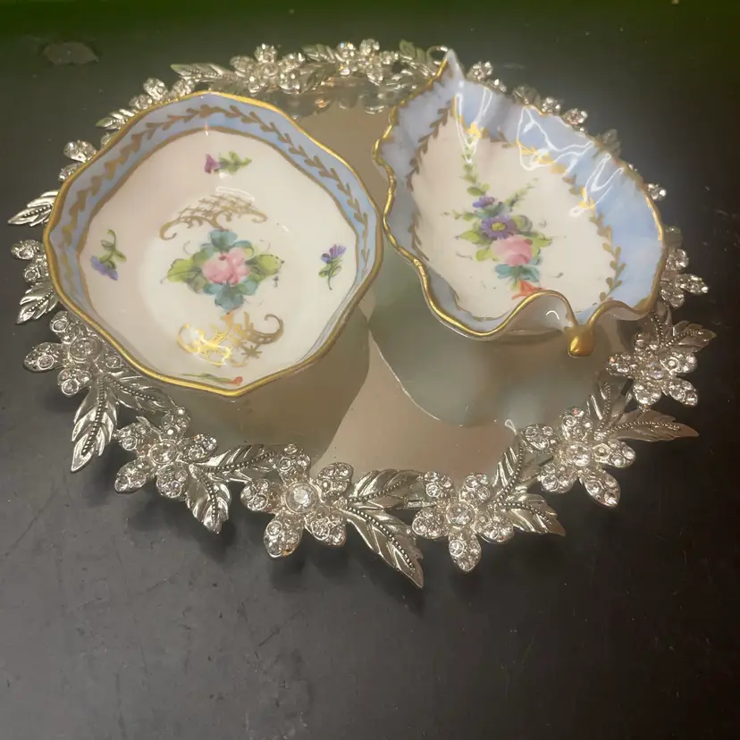 Exquisite Pair of Limoges France Handpainted 3” Trinket Holders From European Fleamarket