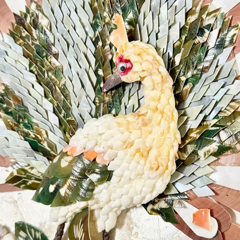 Philippines: Seashell Peacock Wall Decor. 1980s. 17.5”x 12”