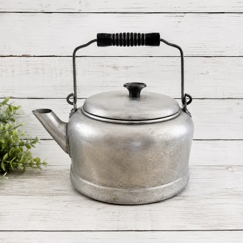 Vintage Aluminum Tea Kettle with Black Handle