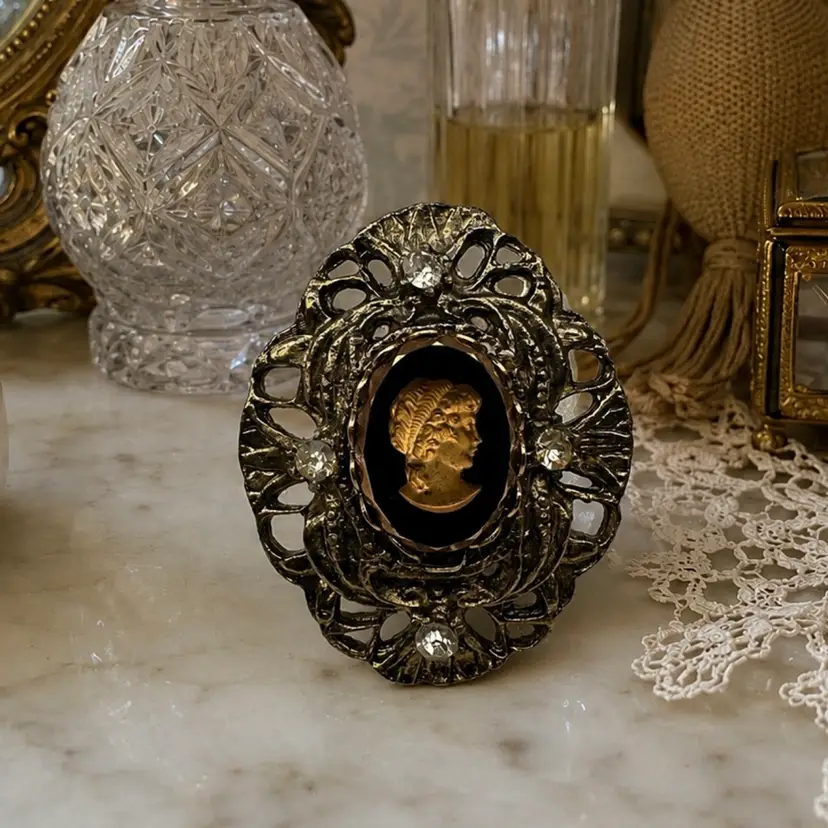 Vintage Carved Black Glass Cameo With Rhinestones Brooch