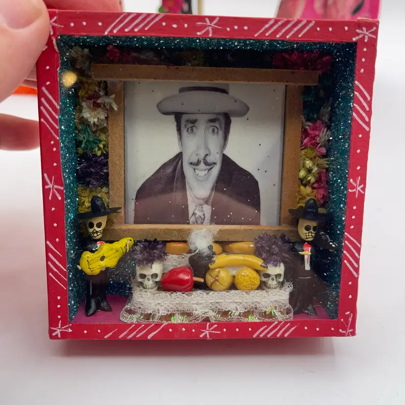 Day of the Dead Skull Table Shadow Box Diorama Mexico 4” X 4” Red