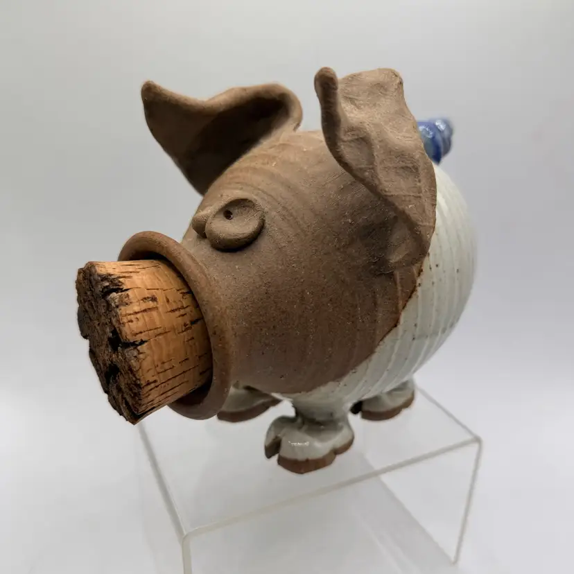 Vtg Studio Pottery Piggy Bank Cork Nose Snout Stoneware Folk Art Pig Blue Tail