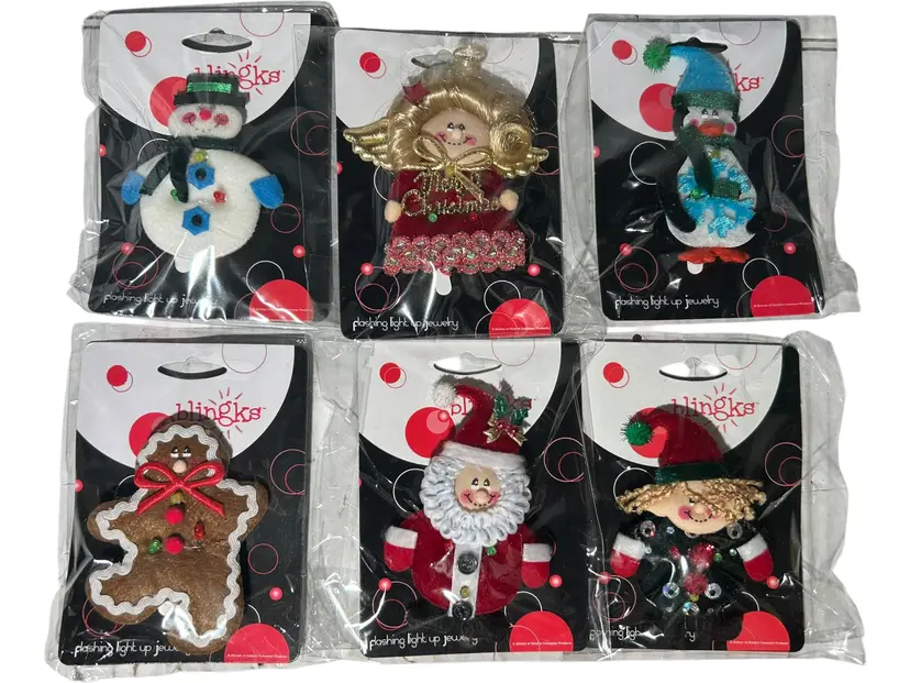 Lot of 6 Blingks Christmas Flashing Light Up Pin Jewelry Santa Snowman Angel Elf Penguin Gingerbread Man
