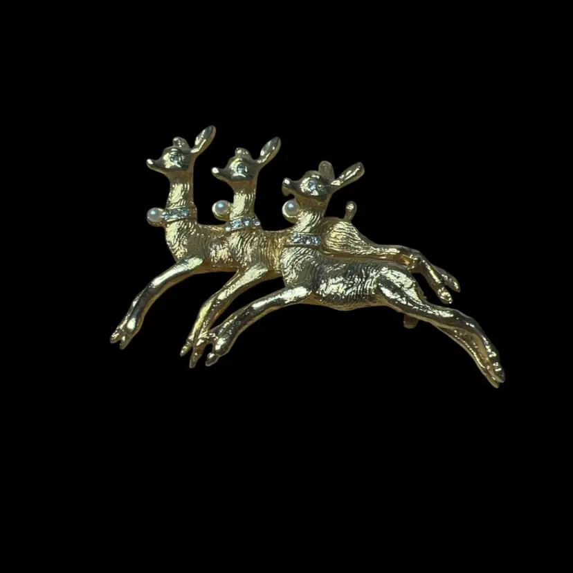 Reindeer Trio Brooch Goldtone Rhinestone And Seed Pearls