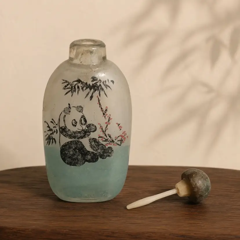 Painted Panda Glass Snuff Bottle with Stopper Wand – Double-Sided Bamboo Scene – 3”