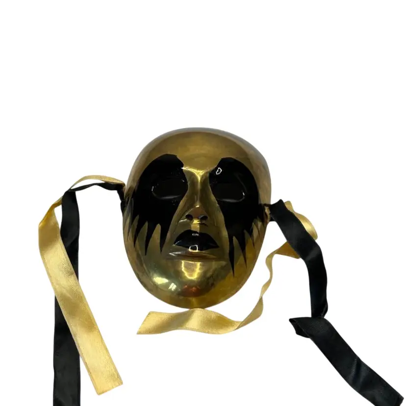 Made In India Vintage Brass Black And Gold Face Mask With Ribbon 4 1/2x 3 1/2”