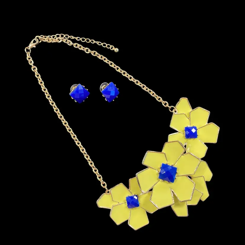 Vintage Necklace Earrings Set Blue Yellow Enamel Flower Power #11